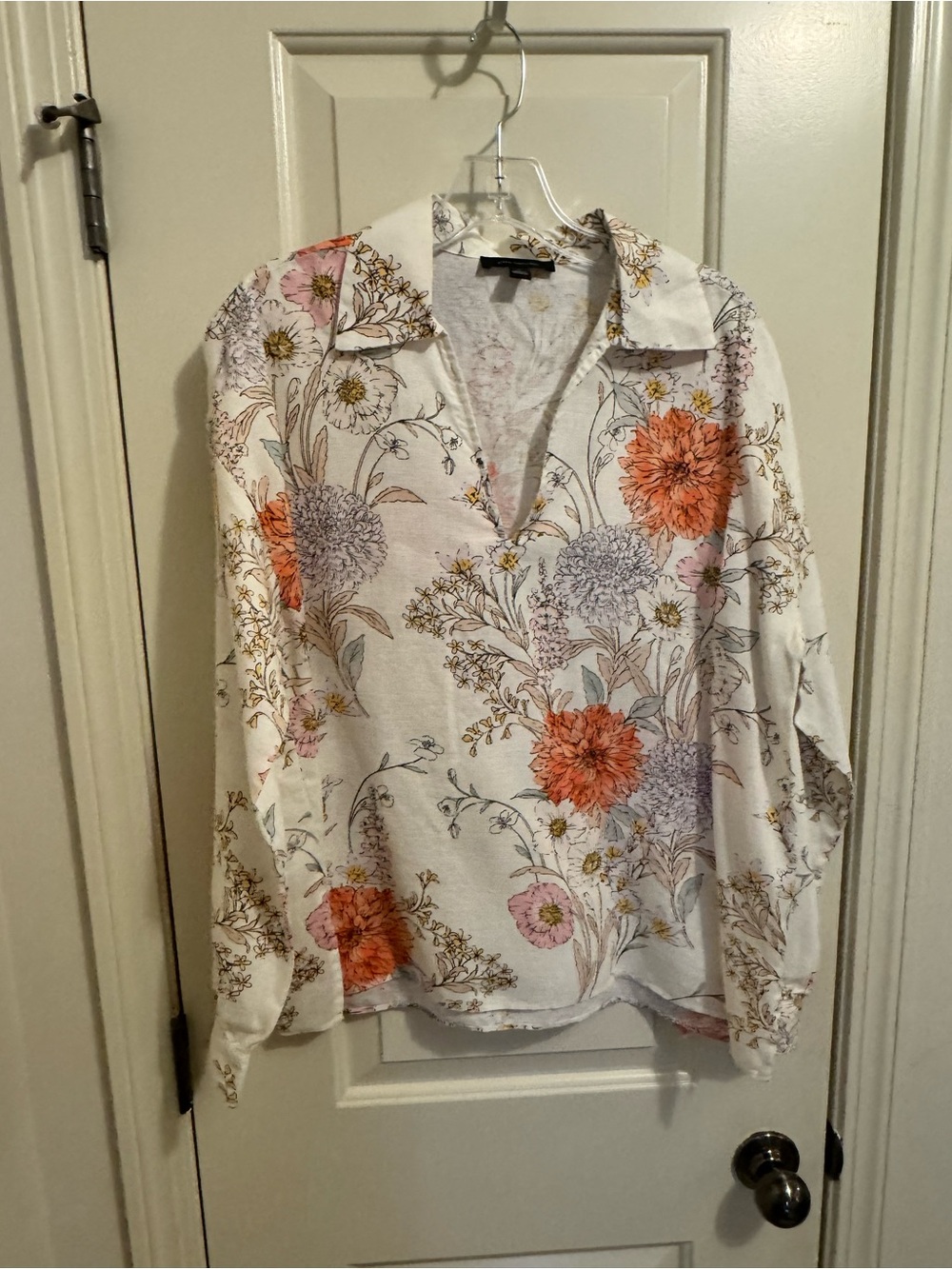 Ann Taylor Linen White Floral Popover Blouse with Orange & Lavender Blooms